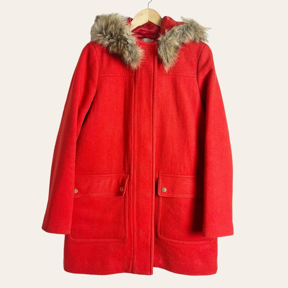 J.Crew Red Wool Full Zip Faux Fur Trim Hooded Chateau Parka Coat Size 6